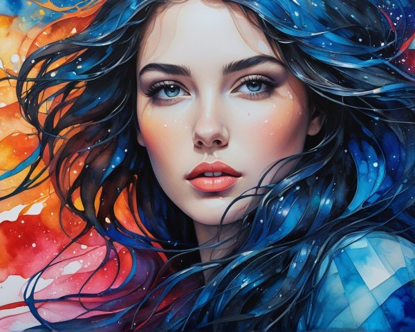 Portrait of a Young Woman with Blue Hair and Watercolor