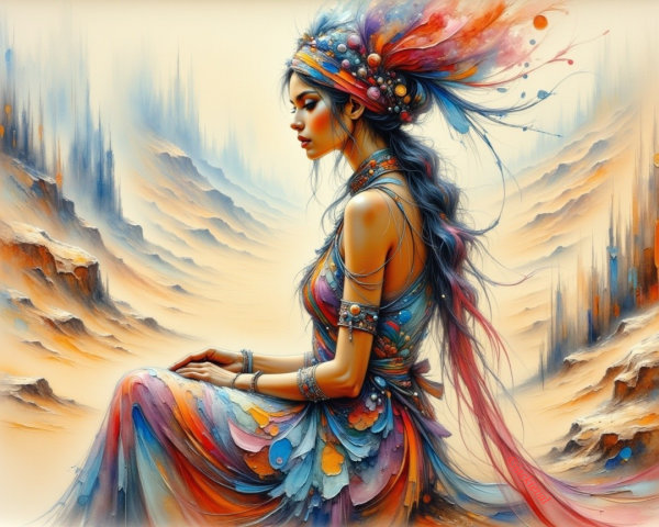 Serene Woman in Colorful Abstract Landscape Setting