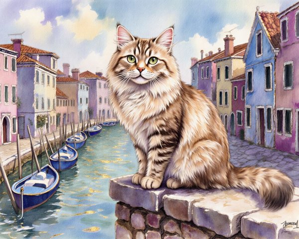 Brown Tabby Cat by Serene Canal with Colorful Buildings