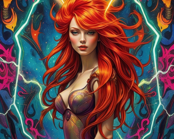 Ethereal Woman with Red Hair in Mystical Setting