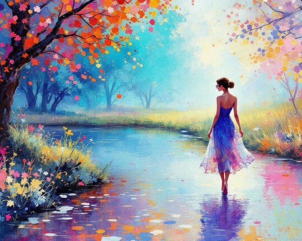 Serene Autumn Landscape with Woman in Stream