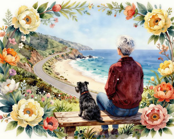 Coastal Landscape with Person and Dog in Watercolor