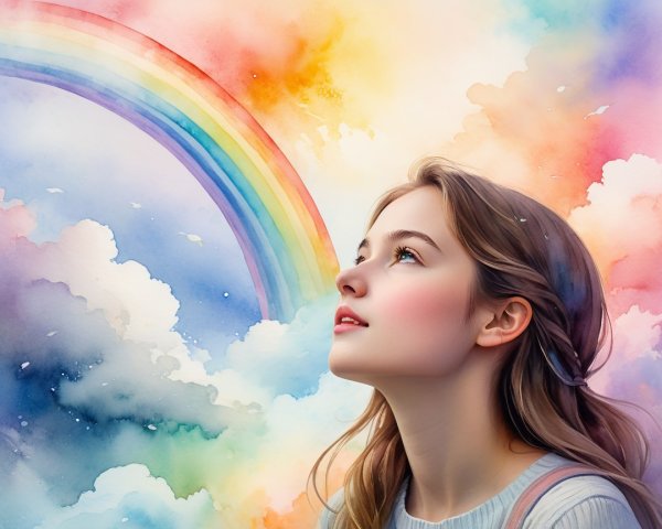 Young Woman in Serene Pose with Watercolor Background