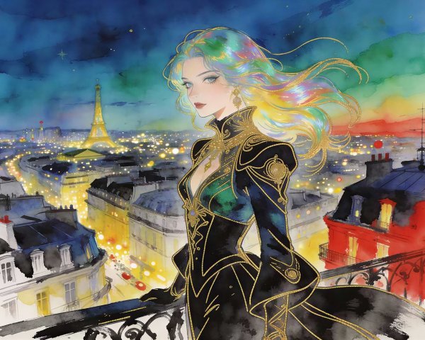 Watercolor Painting of Woman on Parisian Balcony