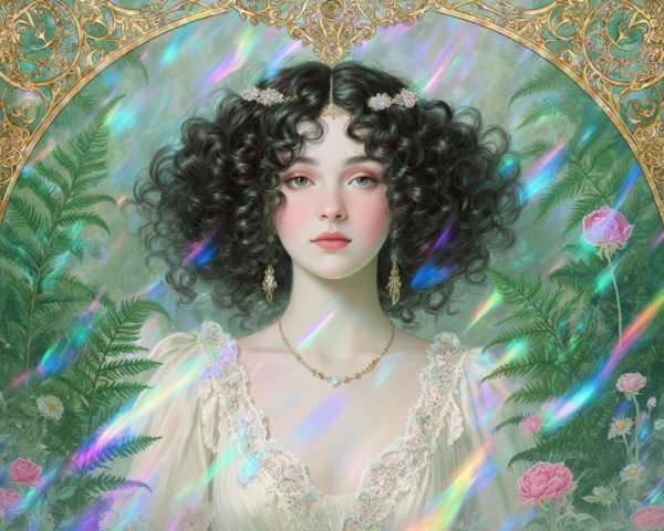 Young Woman in Lace Dress Surrounded by Flowers
