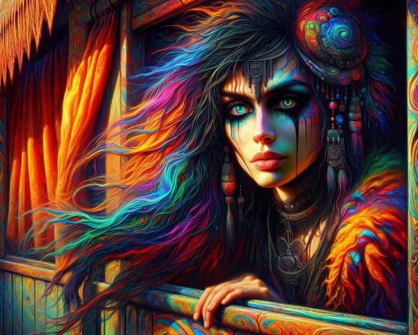 Striking Woman with Multicolored Hair in Ornate Window