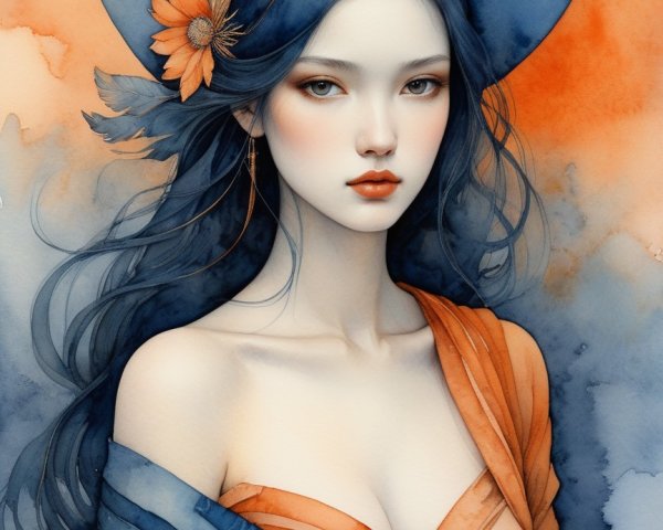 Mystical Portrait of a Young Woman with Blue Hair