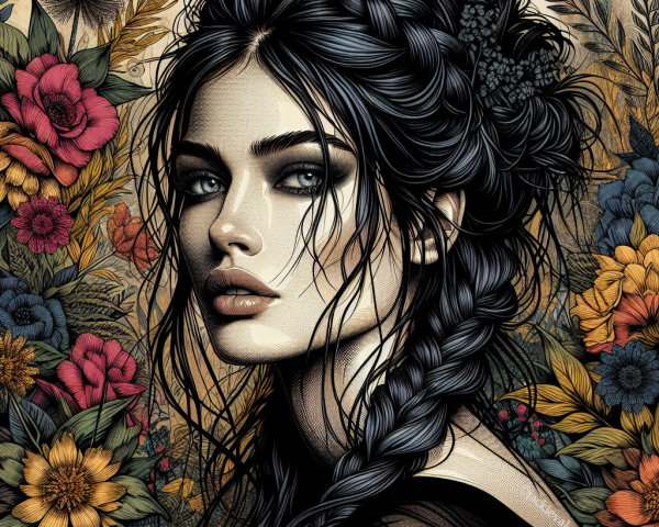 Portrait of a Woman with Braided Hair and Flowers