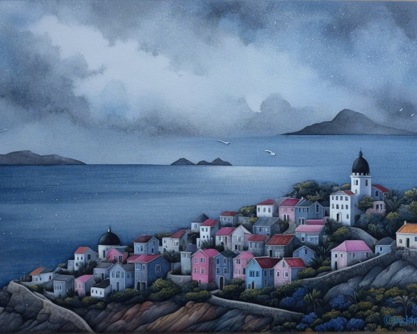 Coastal Village with Pastel Houses and Black Dome Church