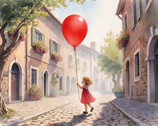 Young girl in red dress walks charming cobblestone street