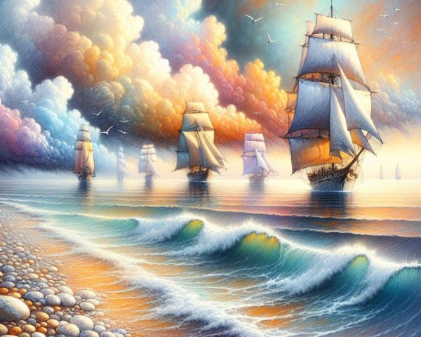 Serene Sunset Seascape with Sailing Ships and Waves