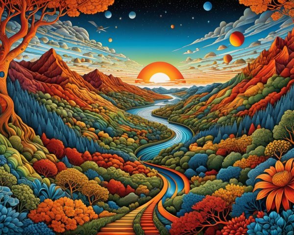 Vibrant landscape with river, trees, and sunset planets