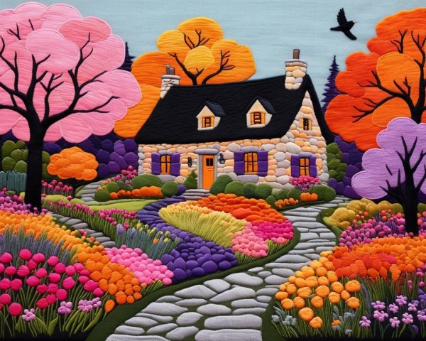 Vibrant Embroidery of a Stone Cottage and Garden