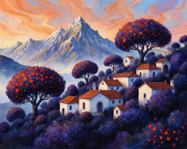 Serene Landscape with White Houses and Vibrant Trees