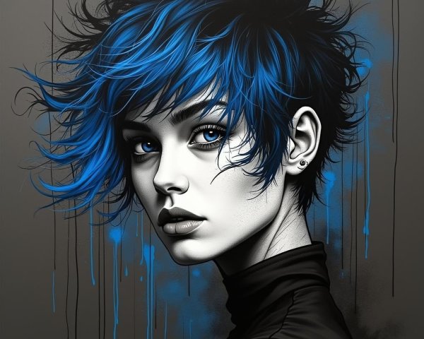 Portrait of a Young Woman with Blue Hair and Eyes