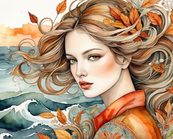 Serene Portrait of Woman with Autumn Leaves and Waves