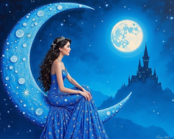 Young Woman on Crescent Moon in Enchanted Night Sky