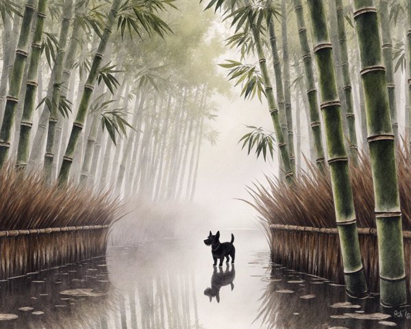 Tranquil Bamboo Grove with Black Dog in Water