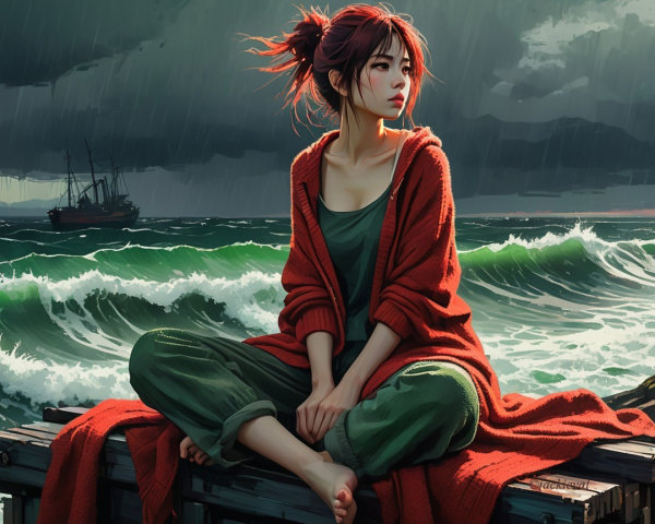 Young Woman in Red Cardigan on Stormy Dock