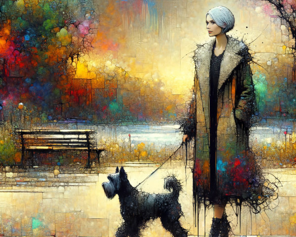 Woman in oversized coat walking black dog in park