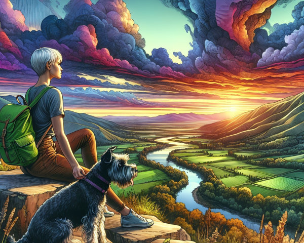 Person with dog watching sunset over lush valley
