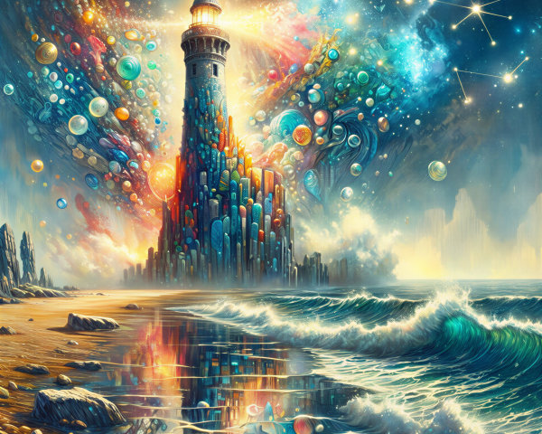 Lighthouse Overlooks Vibrant Beach and Cosmic Sky