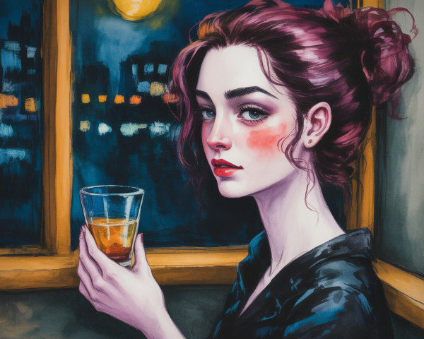 Young Woman Gazing Out a Window at City Skyline