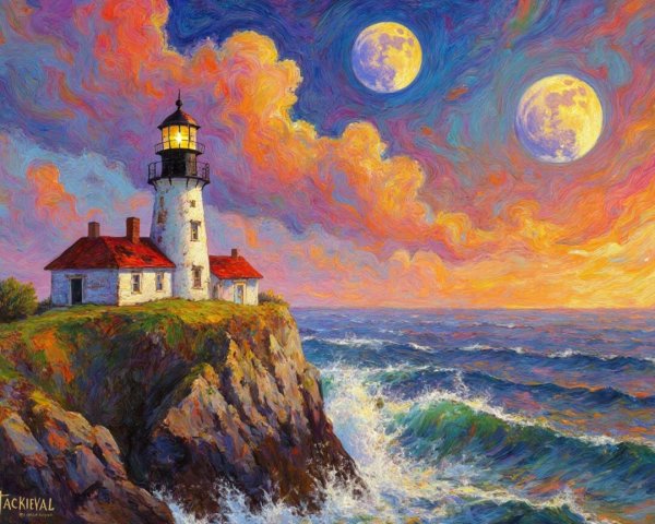 Vibrant Seascape with Lighthouse and Dual Moons