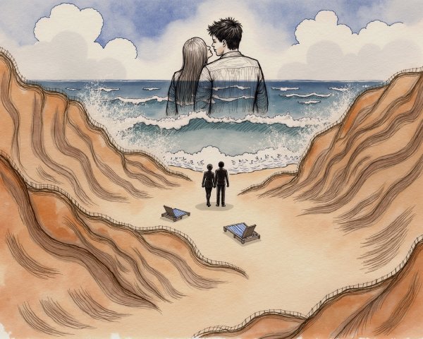 Serene Beach Scene with Figures and Ocean Embrace