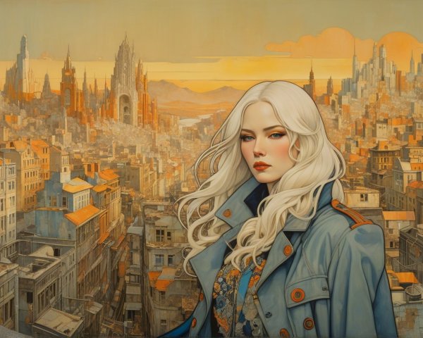 Woman with White Hair in Futuristic Cityscape Illustration