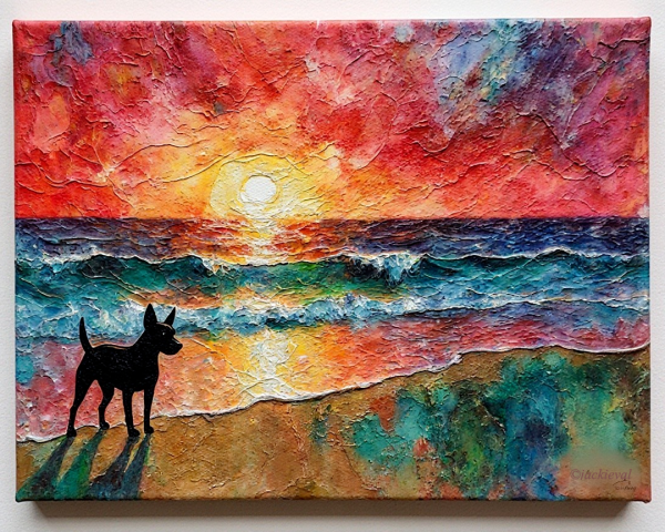 Vibrant Sunset Over Ocean with Dog Silhouette on Beach