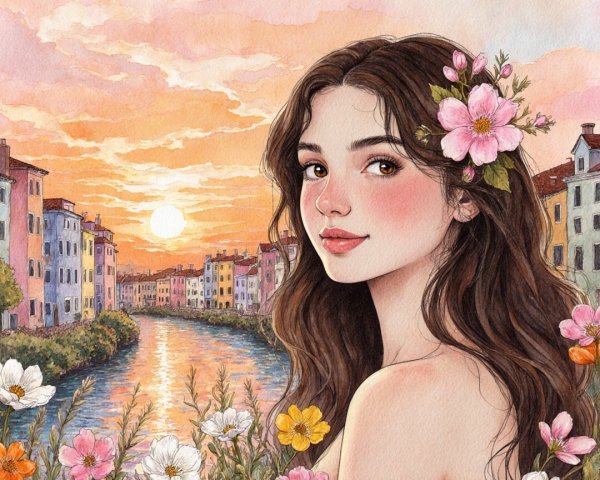 Portrait of a woman by a sunset canal scene