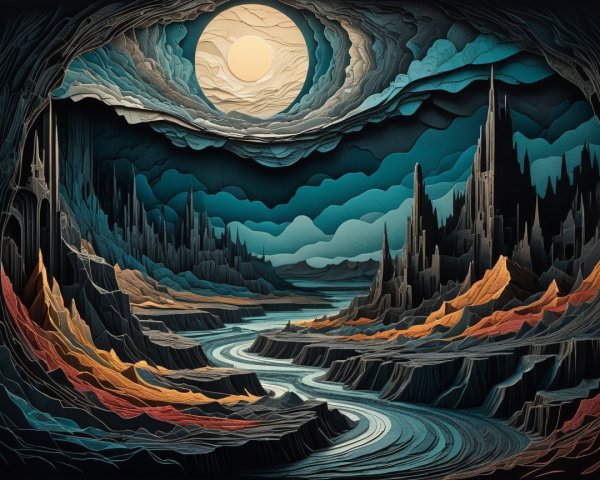 Surreal Landscape with Mountains and Full Moon Light