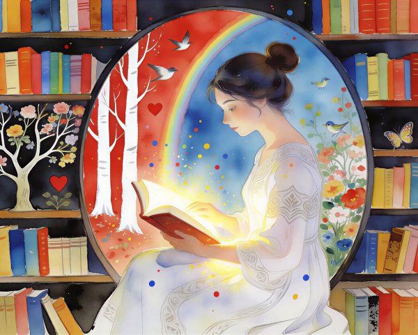 Watercolor of a woman reading in a library setting