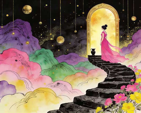 Digital watercolor of a woman in pink dress by doorway