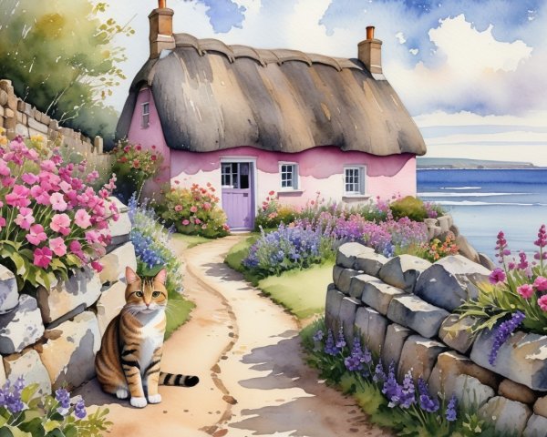 Thatched Cottage Surrounded by Vibrant Flower Gardens