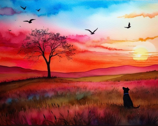 Vibrant Watercolor Landscape with Dog Silhouette
