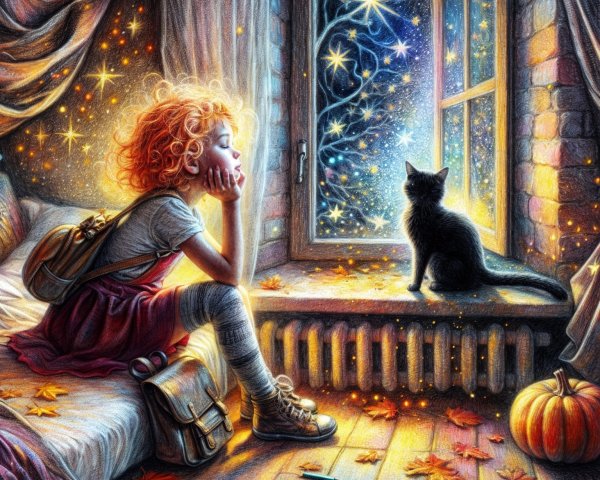 Young girl with red hair gazes at starry window