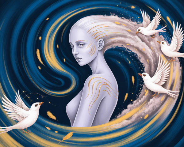Ethereal figure with silver hair in blue and gold backdrop