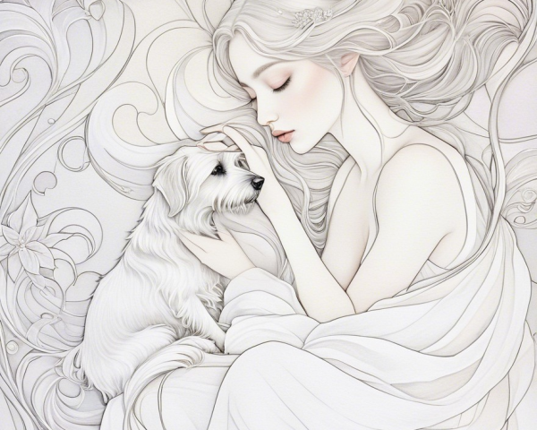 Serene Woman with Dog Amidst Floral Patterns