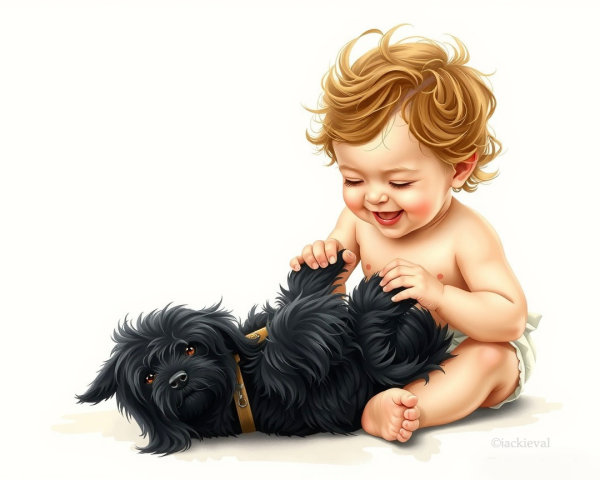 Toddler and Black Dog Share a Joyful Playtime Moment