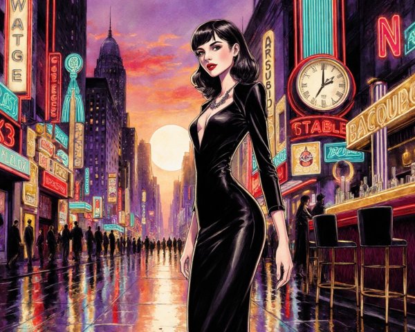 Glamorous Woman in Black Dress on City Street at Twilight