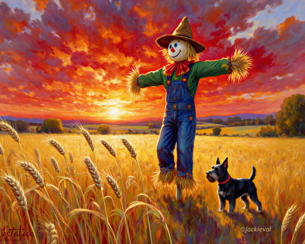 Vibrant Sunset Over Golden Wheat Field with Scarecrow