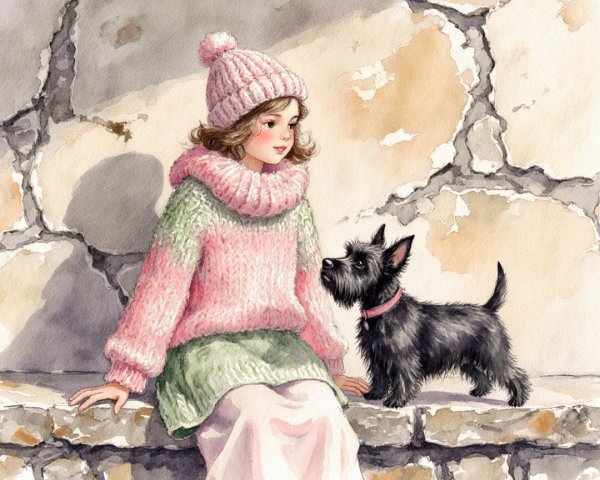 Cozy Scene with Girl, Dog, and Textured Stone Wall