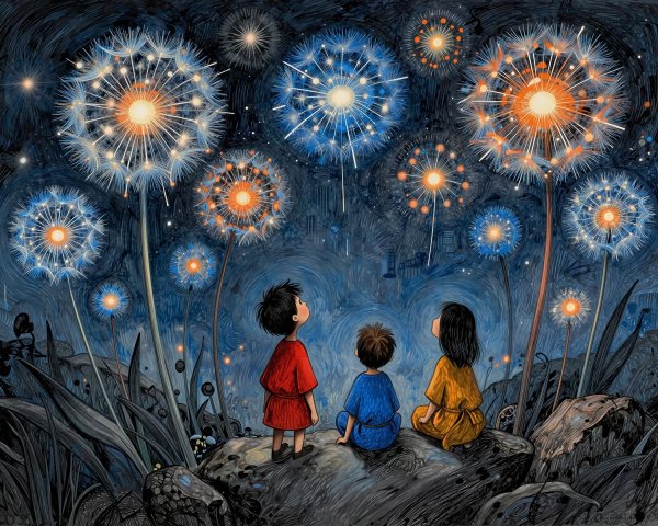 Painting of Children Watching Dandelion Fireworks at Night