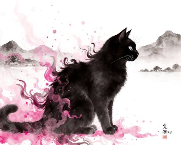 Black Cat Against Ethereal Pink and Black Background