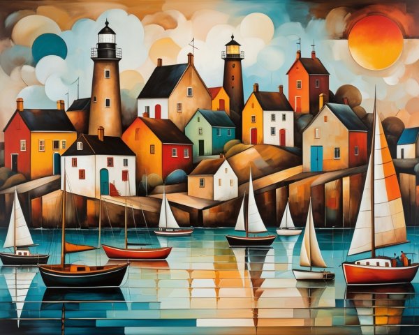 Vibrant Coastal Scene with Colorful Houses and Lighthouses