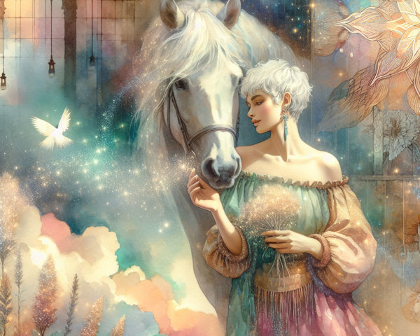 Elegant Woman and White Horse in Magical Setting