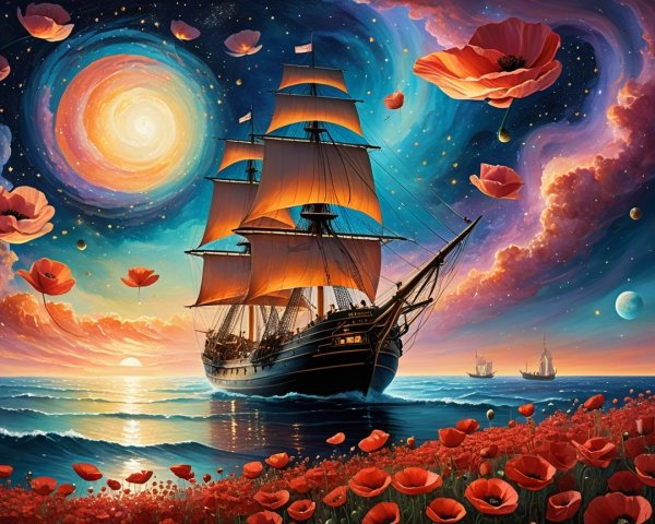 Majestic ship with orange sails in vibrant waters