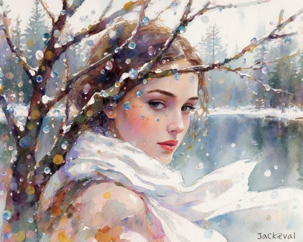 Watercolor Portrait of a Young Woman in Winter Landscape
